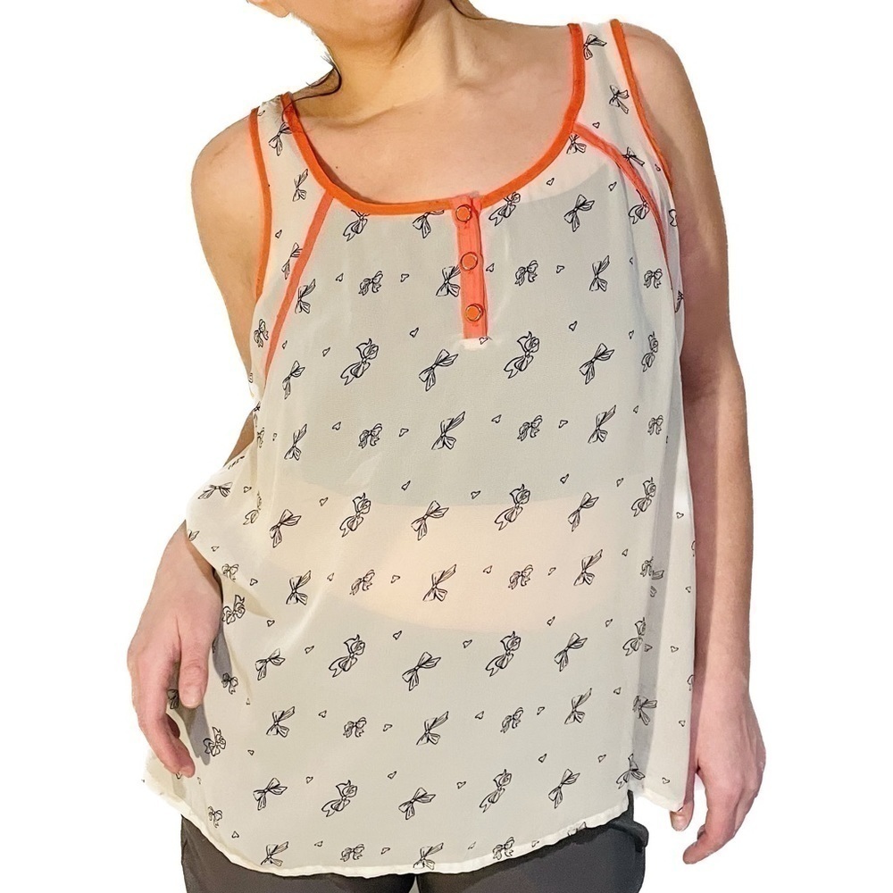 Ab Studio Sheer Sleeveless Top / Bow Design & Pearl Snap Buttons